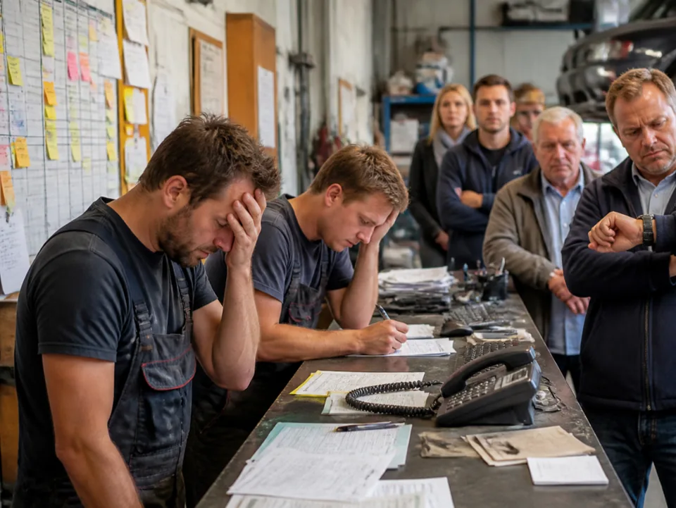 Gestresstes Team im Handwerksbetrieb, wartende Kunden